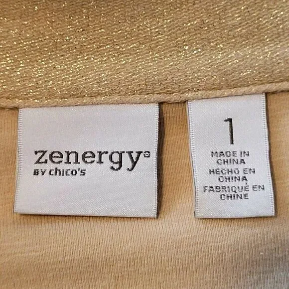 Chico's Size 1 (Medium) Zenergy Gold Cotton Jacket Cowl Neck Draw String Holiday - Picture 3 of 9